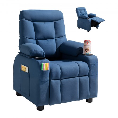 Kids Reclining Chair, Toddler Recliner with Cup Holders and Pockets, 107° to 126° Adjustable Backrest, Breathable Polyester Fabric Recliner Couch with Footrest, for Boys & Girls, Children(Blue)