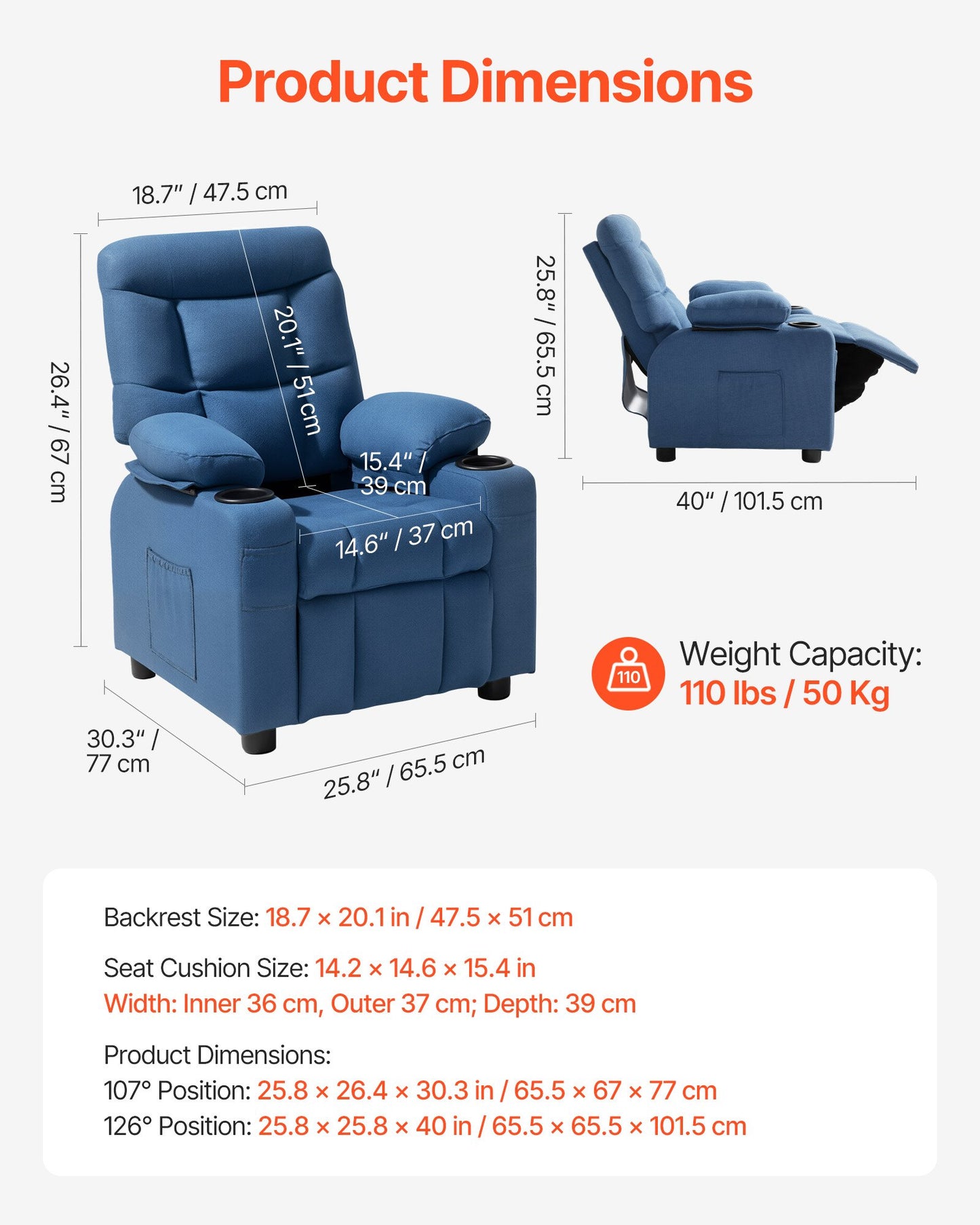 Kids Reclining Chair, Toddler Recliner with Cup Holders and Pockets, 107° to 126° Adjustable Backrest, Breathable Polyester Fabric Recliner Couch with Footrest, for Boys & Girls, Children(Blue)