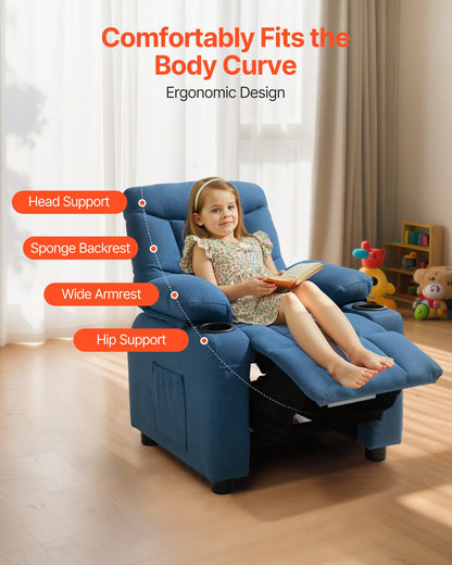 Kids Reclining Chair, Toddler Recliner with Cup Holders and Pockets, 107° to 126° Adjustable Backrest, Breathable Polyester Fabric Recliner Couch with Footrest, for Boys & Girls, Children(Blue)
