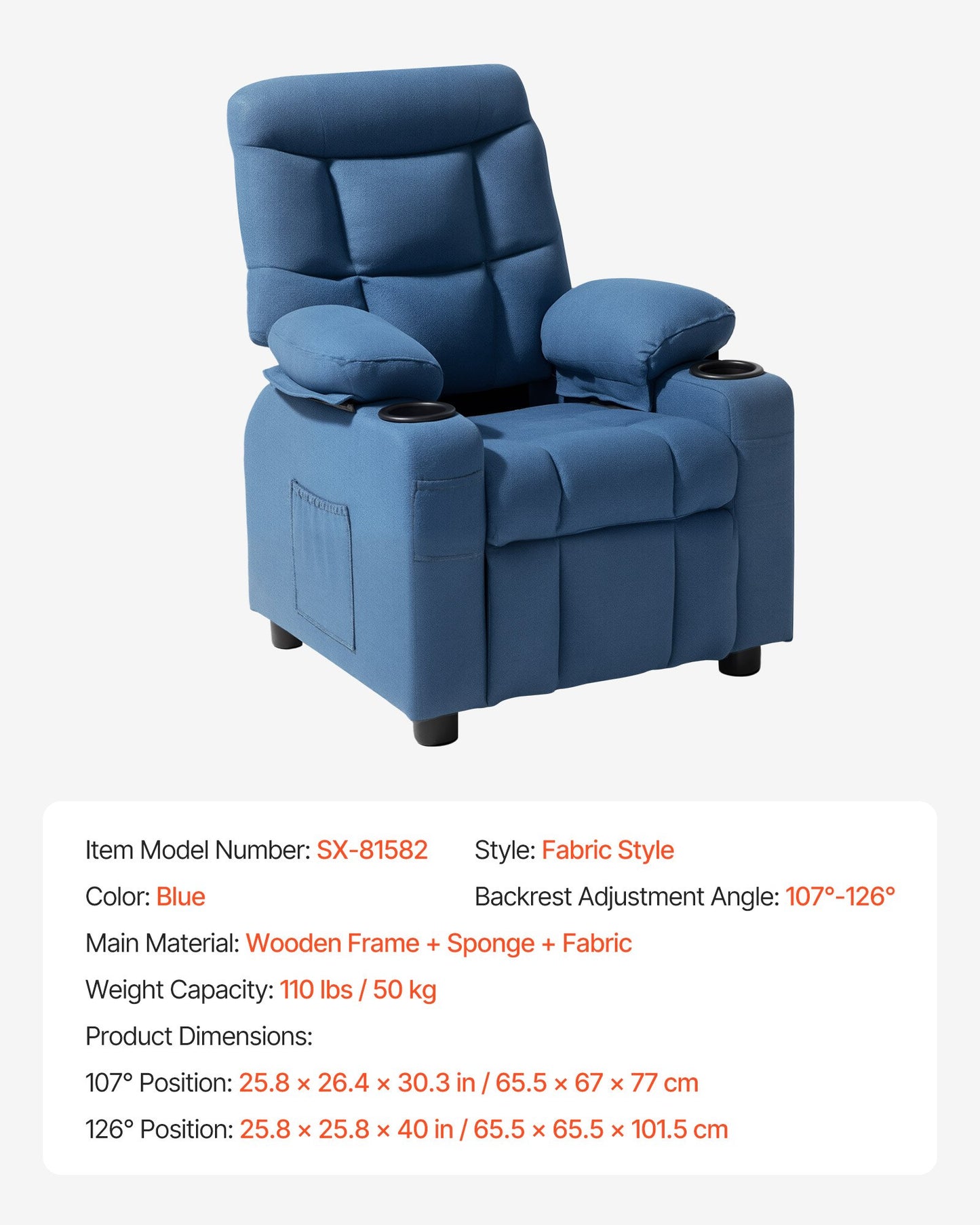 Kids Reclining Chair, Toddler Recliner with Cup Holders and Pockets, 107° to 126° Adjustable Backrest, Breathable Polyester Fabric Recliner Couch with Footrest, for Boys & Girls, Children(Blue)