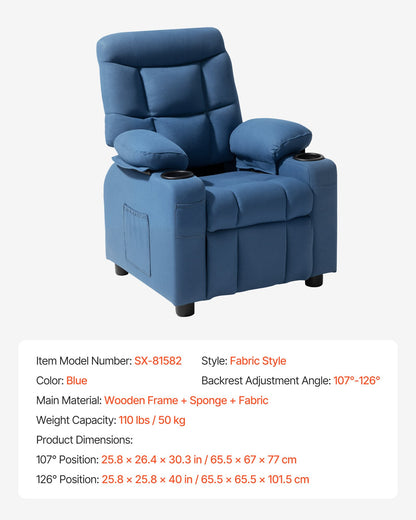 Kids Reclining Chair, Toddler Recliner with Cup Holders and Pockets, 107° to 126° Adjustable Backrest, Breathable Polyester Fabric Recliner Couch with Footrest, for Boys & Girls, Children(Blue)