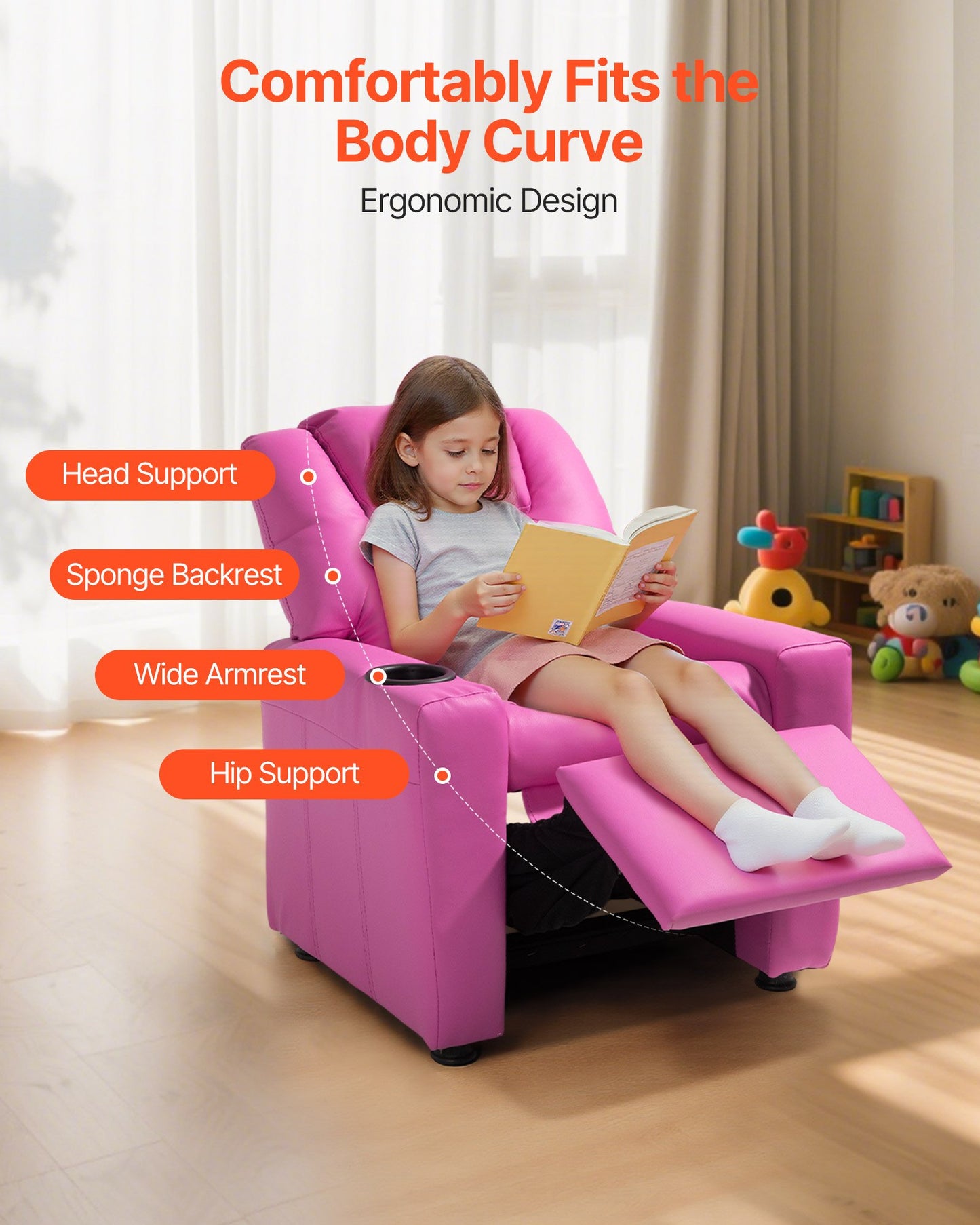 Kids Reclining Chair, Toddler Recliner with Cup Holder, 101° to 121° Adjustable Backrest, Easy-to-Clean PU Leather Recliner Couch with Footrest, 90 lbs Load, for Boys & Girls, Children (Pink)