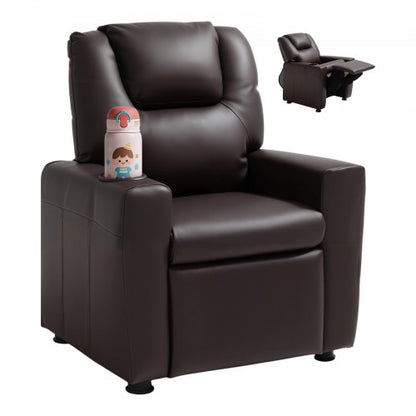 Kids Reclining Chair, Toddler Recliner with Cup Holder, 101° to 121° Adjustable Backrest, Easy-to-Clean PU Leather Recliner Couch with Footrest, 90 lbs Load, for Boys & Girls, Children (Brown)