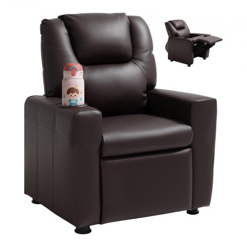 Kids Reclining Chair, Toddler Recliner with Cup Holder, 101° to 121° Adjustable Backrest, Easy-to-Clean PU Leather Recliner Couch with Footrest, 90 lbs Load, for Boys & Girls, Children (Brown)
