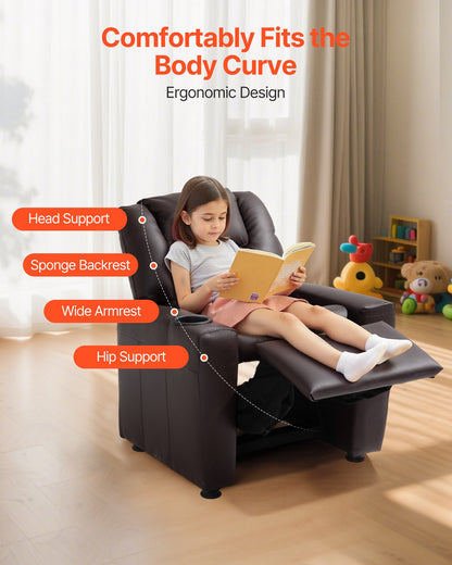 Kids Reclining Chair, Toddler Recliner with Cup Holder, 101° to 121° Adjustable Backrest, Easy-to-Clean PU Leather Recliner Couch with Footrest, 90 lbs Load, for Boys & Girls, Children (Brown)
