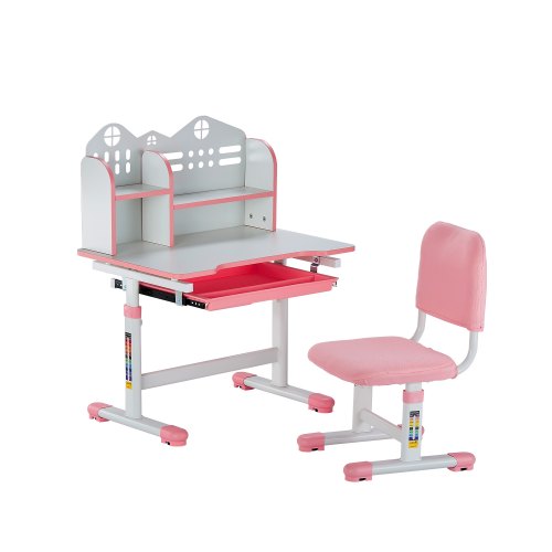 Kids Study Chair and Desk Set, Study Desk and Chair for Kids with Bookshelf and Storage Drawer, Adjustable Height Kids Study Desk with Chair, Children Study Table for Bedroom & Study Room, Pink