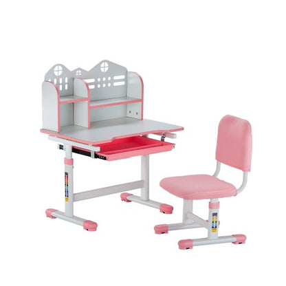 Kids Study Chair and Desk Set, Study Desk and Chair for Kids with Bookshelf and Storage Drawer, Adjustable Height Kids Study Desk with Chair, Children Study Table for Bedroom & Study Room, Pink