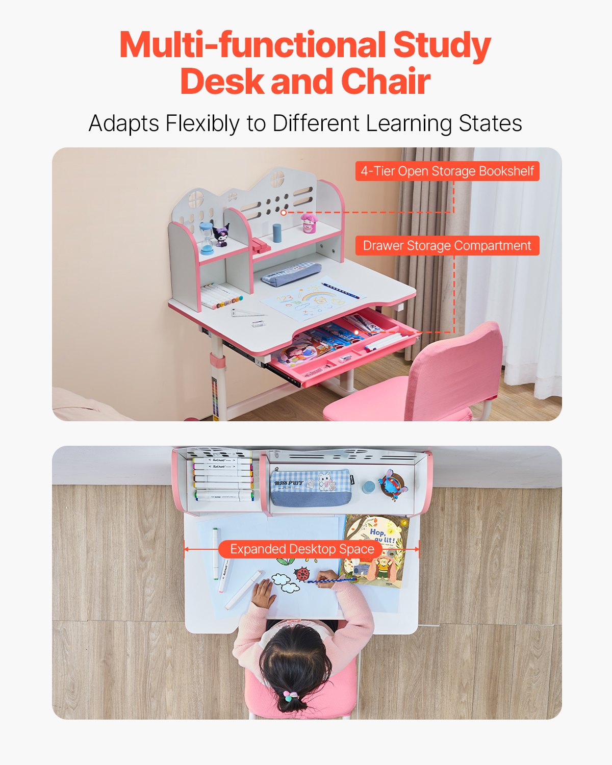 Kids Study Chair and Desk Set, Study Desk and Chair for Kids with Bookshelf and Storage Drawer, Adjustable Height Kids Study Desk with Chair, Children Study Table for Bedroom & Study Room, Pink