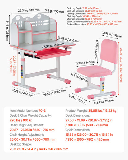 Kids Study Chair and Desk Set, Study Desk and Chair for Kids with Bookshelf and Storage Drawer, Adjustable Height Kids Study Desk with Chair, Children Study Table for Bedroom & Study Room, Pink