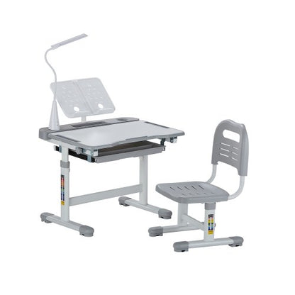 Kids Study Chair and Desk Set, Study Desk and Chair for Kids with Table Lamp, Adjustable Height & 0-40° Tilted Desktop Kids Desk and Chair, Children Study Table for Bedroom & Study Room, Grey