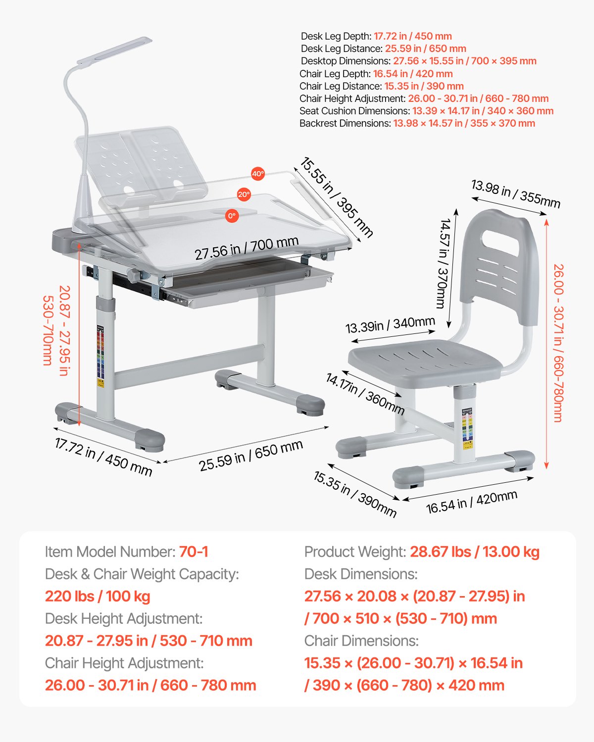 Kids Study Chair and Desk Set, Study Desk and Chair for Kids with Table Lamp, Adjustable Height & 0-40° Tilted Desktop Kids Desk and Chair, Children Study Table for Bedroom & Study Room, Grey