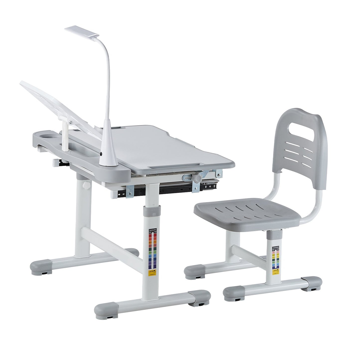 Kids Study Chair and Desk Set, Study Desk and Chair for Kids with Table Lamp, Adjustable Height & 0-40° Tilted Desktop Kids Desk and Chair, Children Study Table for Bedroom & Study Room, Grey