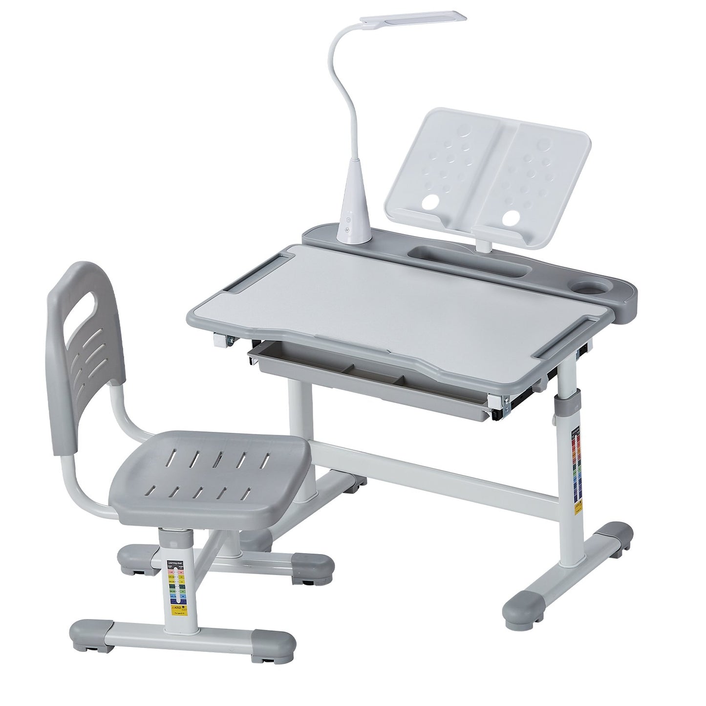 Kids Study Chair and Desk Set, Study Desk and Chair for Kids with Table Lamp, Adjustable Height & 0-40° Tilted Desktop Kids Desk and Chair, Children Study Table for Bedroom & Study Room, Grey