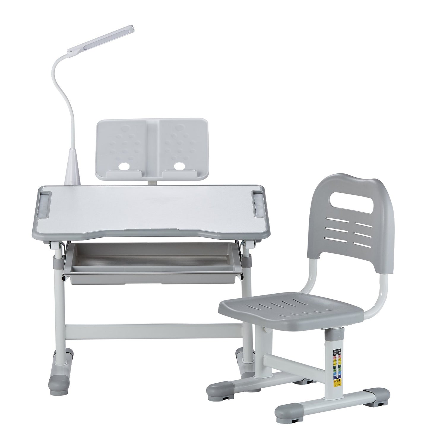 Kids Study Chair and Desk Set, Study Desk and Chair for Kids with Table Lamp, Adjustable Height & 0-40° Tilted Desktop Kids Desk and Chair, Children Study Table for Bedroom & Study Room, Grey