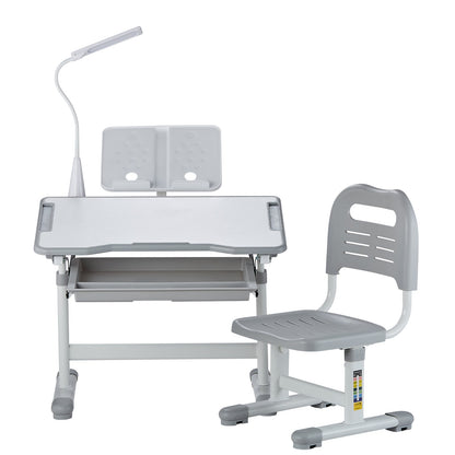 Kids Study Chair and Desk Set, Study Desk and Chair for Kids with Table Lamp, Adjustable Height & 0-40° Tilted Desktop Kids Desk and Chair, Children Study Table for Bedroom & Study Room, Grey