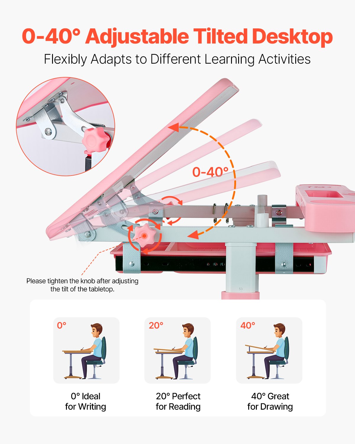 Kids Study Chair and Desk Set, Study Desk and Chair for Kids with Table Lamp, Adjustable Height & 0-40° Tilted Desktop Kids Desk and Chair, Children Study Table for Bedroom & Study Room, Pink
