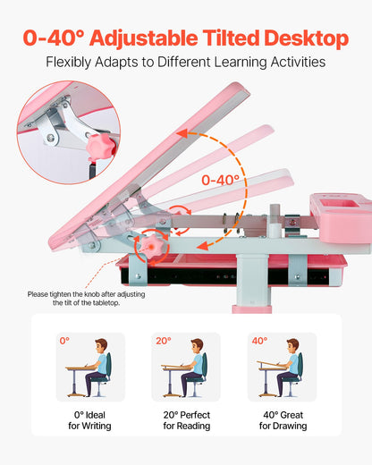 Kids Study Chair and Desk Set, Study Desk and Chair for Kids with Table Lamp, Adjustable Height & 0-40° Tilted Desktop Kids Desk and Chair, Children Study Table for Bedroom & Study Room, Pink