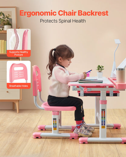 Kids Study Chair and Desk Set, Study Desk and Chair for Kids with Table Lamp, Adjustable Height & 0-40° Tilted Desktop Kids Desk and Chair, Children Study Table for Bedroom & Study Room, Pink
