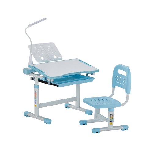 Kids Study Chair and Desk Set, Study Desk and Chair for Kids with Table Lamp, Adjustable Height & 0-40° Tilted Desktop Kids Desk and Chair, Children Study Table for Bedroom & Study Room, Blue