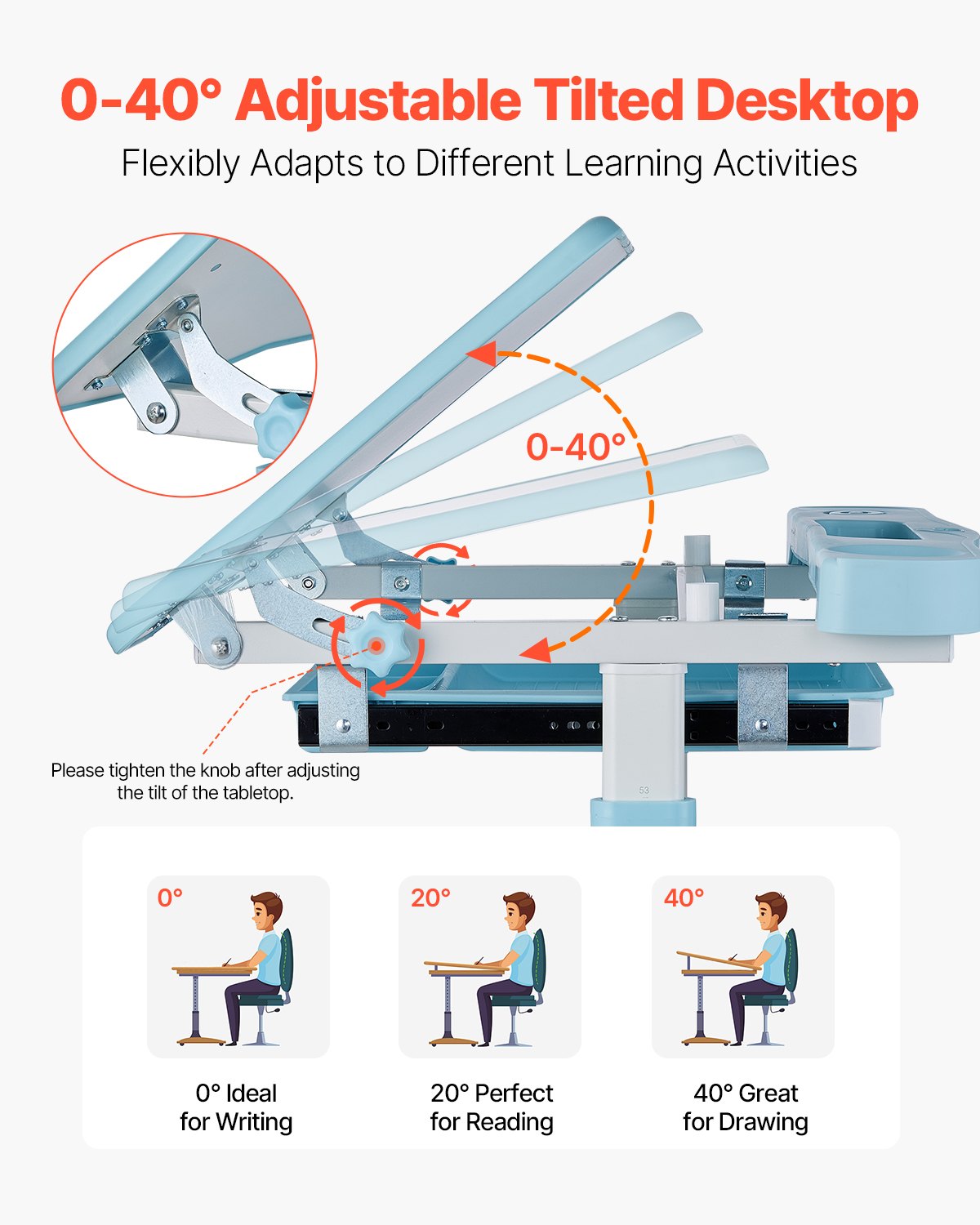 Kids Study Chair and Desk Set, Study Desk and Chair for Kids with Table Lamp, Adjustable Height & 0-40° Tilted Desktop Kids Desk and Chair, Children Study Table for Bedroom & Study Room, Blue