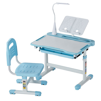 Kids Study Chair and Desk Set, Study Desk and Chair for Kids with Table Lamp, Adjustable Height & 0-40° Tilted Desktop Kids Desk and Chair, Children Study Table for Bedroom & Study Room, Blue