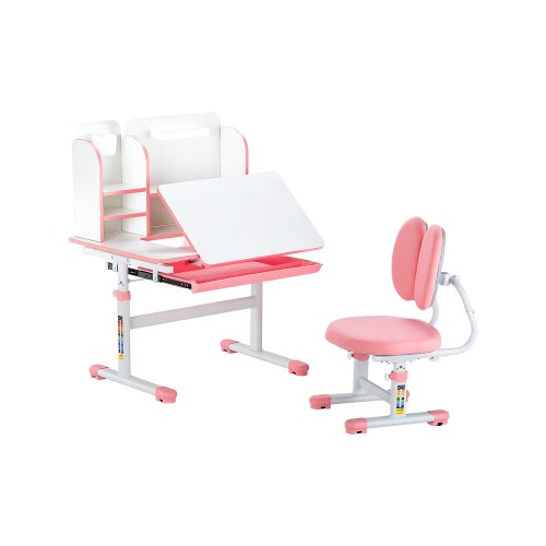 Kids Study Chair and Desk Set, Study Desk and Chair for Kids with Bookshelf & Storage Drawer, Adjustable Height & 0-40° Tilted Desktop Desk and Chair, Study Table for Bedroom & Study Room, Pink