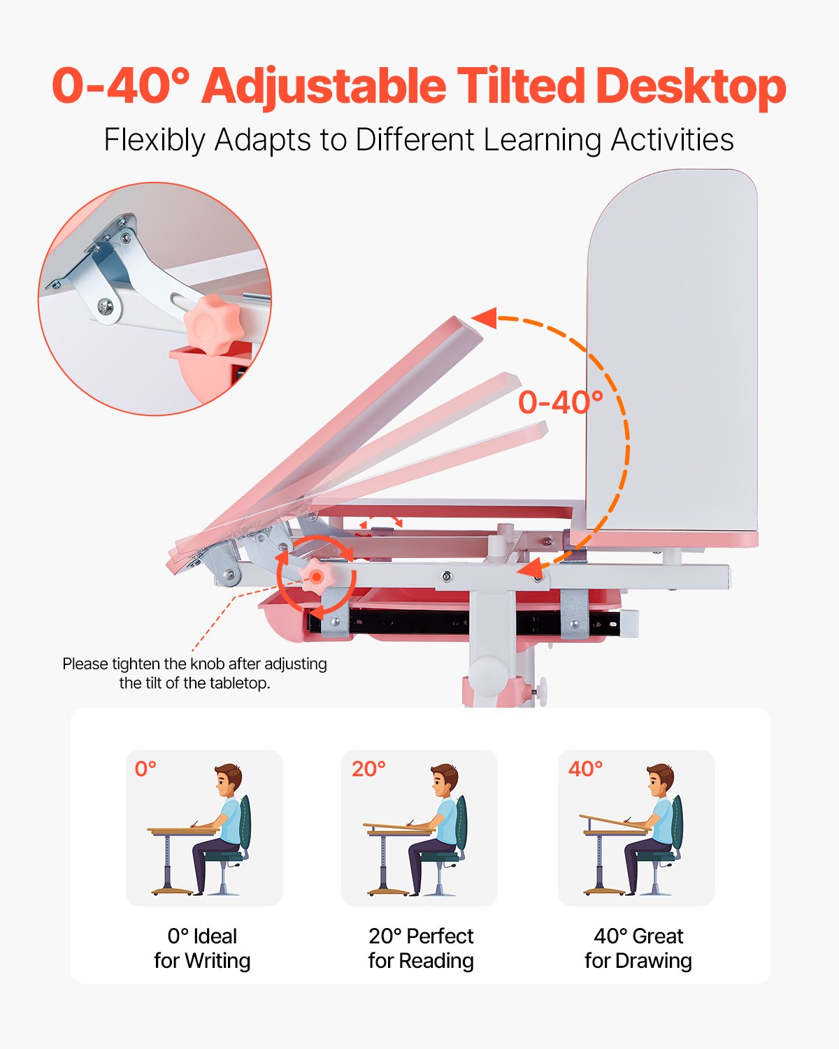 Kids Study Chair and Desk Set, Study Desk and Chair for Kids with Bookshelf & Storage Drawer, Adjustable Height & 0-40° Tilted Desktop Desk and Chair, Study Table for Bedroom & Study Room, Pink