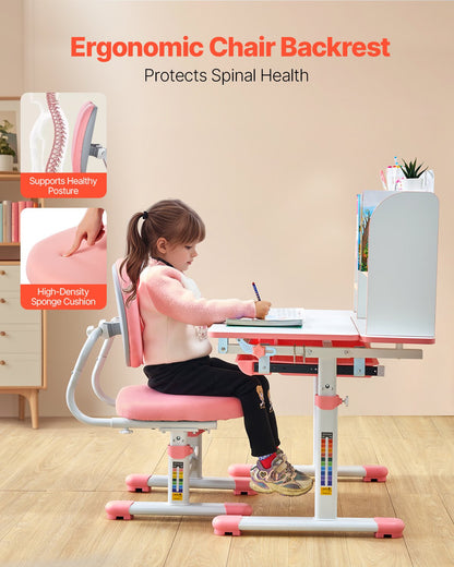 Kids Study Chair and Desk Set, Study Desk and Chair for Kids with Bookshelf & Storage Drawer, Adjustable Height & 0-40° Tilted Desktop Desk and Chair, Study Table for Bedroom & Study Room, Pink