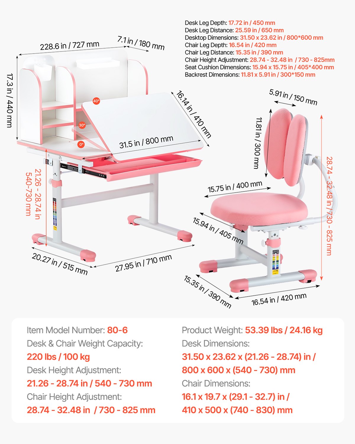 Kids Study Chair and Desk Set, Study Desk and Chair for Kids with Bookshelf & Storage Drawer, Adjustable Height & 0-40° Tilted Desktop Desk and Chair, Study Table for Bedroom & Study Room, Pink