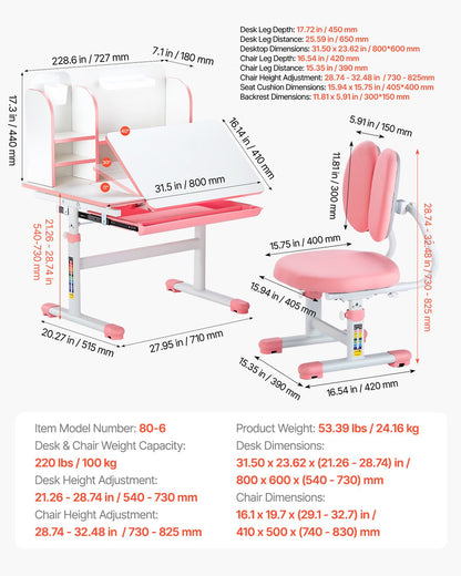 Kids Study Chair and Desk Set, Study Desk and Chair for Kids with Bookshelf & Storage Drawer, Adjustable Height & 0-40° Tilted Desktop Desk and Chair, Study Table for Bedroom & Study Room, Pink