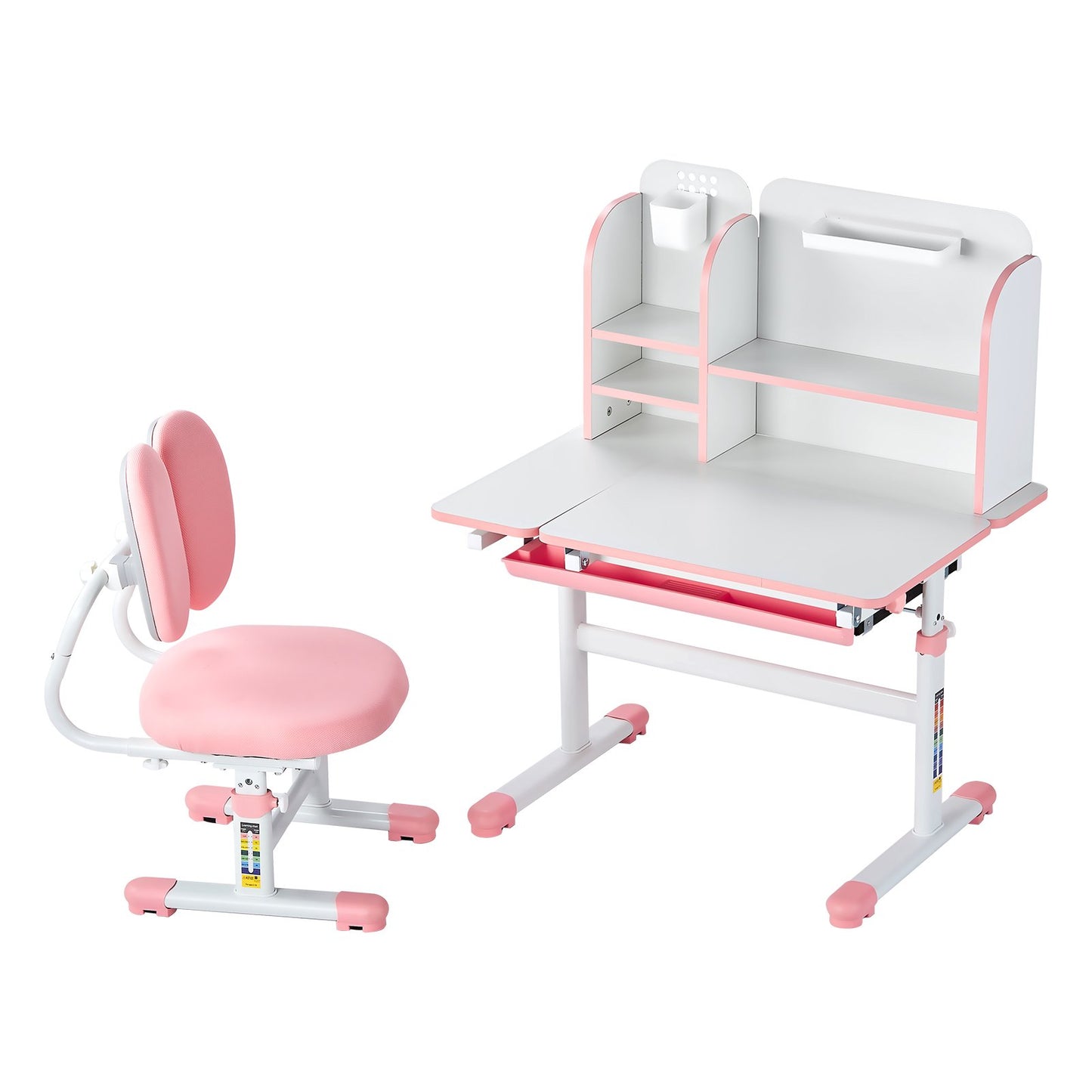 Kids Study Chair and Desk Set, Study Desk and Chair for Kids with Bookshelf & Storage Drawer, Adjustable Height & 0-40° Tilted Desktop Desk and Chair, Study Table for Bedroom & Study Room, Pink