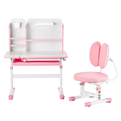 Kids Study Chair and Desk Set, Study Desk and Chair for Kids with Bookshelf & Storage Drawer, Adjustable Height & 0-40° Tilted Desktop Desk and Chair, Study Table for Bedroom & Study Room, Pink