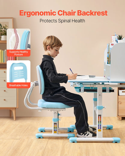 Kids Study Chair and Desk Set, Study Desk and Chair for Kids with Bookshelf & Storage Drawer, Adjustable Height & 0-40° Tilted Desktop Desk and Chair, Study Table for Bedroom & Study Room, Blue