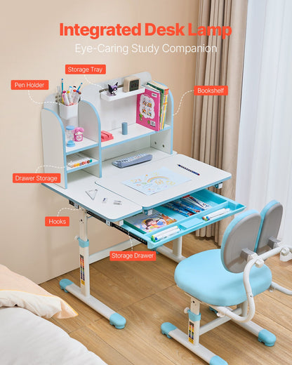 Kids Study Chair and Desk Set, Study Desk and Chair for Kids with Bookshelf & Storage Drawer, Adjustable Height & 0-40° Tilted Desktop Desk and Chair, Study Table for Bedroom & Study Room, Blue