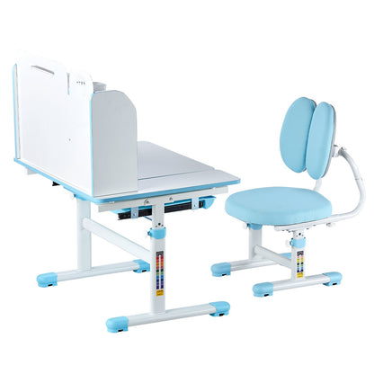 Kids Study Chair and Desk Set, Study Desk and Chair for Kids with Bookshelf & Storage Drawer, Adjustable Height & 0-40° Tilted Desktop Desk and Chair, Study Table for Bedroom & Study Room, Blue