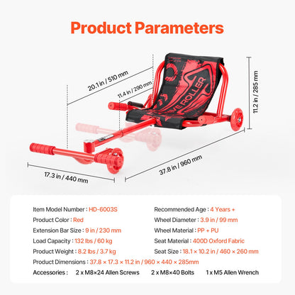 Ride on Scooter, Load Capacity of 132 lbs, Swing Side-to-Side for Amazing Ride Powered by Zig-Zag Motion, Ride on Drifting Toy for Ages 4+, Rides on Any Hard Surface for Indoor & Outdoor, Red