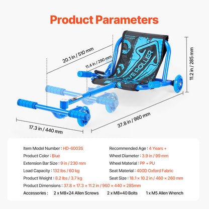 Ride on Scooter, Load Capacity of 132 lbs, Swing Side-to-Side for Amazing Ride Powered by Zig-Zag Motion, Ride on Drifting Toy for Ages 4+, Rides on Any Hard Surface for Indoor & Outdoor, Blue