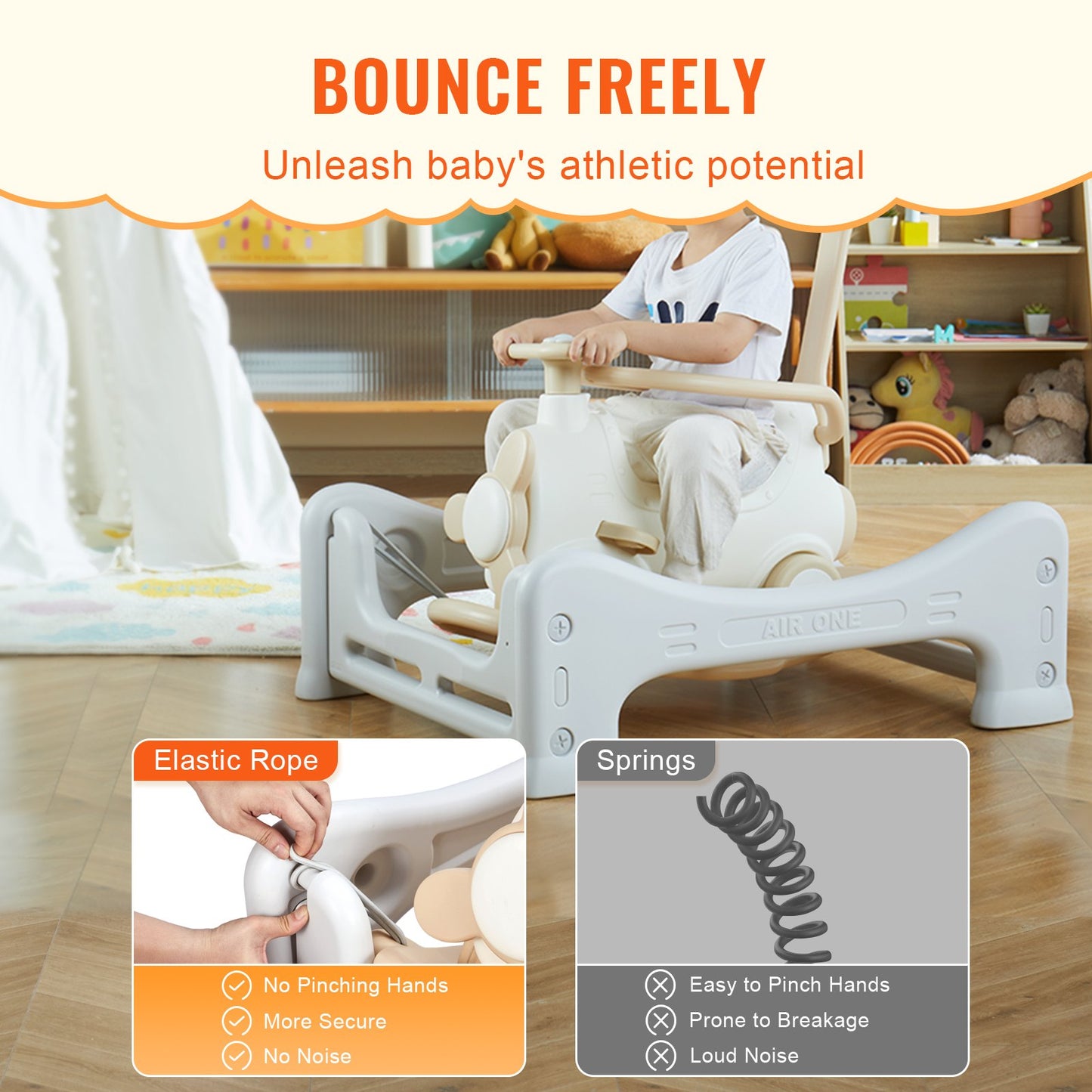 5 in 1 Schaukelpferd für Kleinkinder 1-3 Jahre, Baby-Schaukelpferd mit Trampolin, abnehmbarem Balance Board, Schiebegriff und 4 leichtgängigen Rädern, unterstützt bis zu 80 kg Kinder-Reitspielzeug, weiß