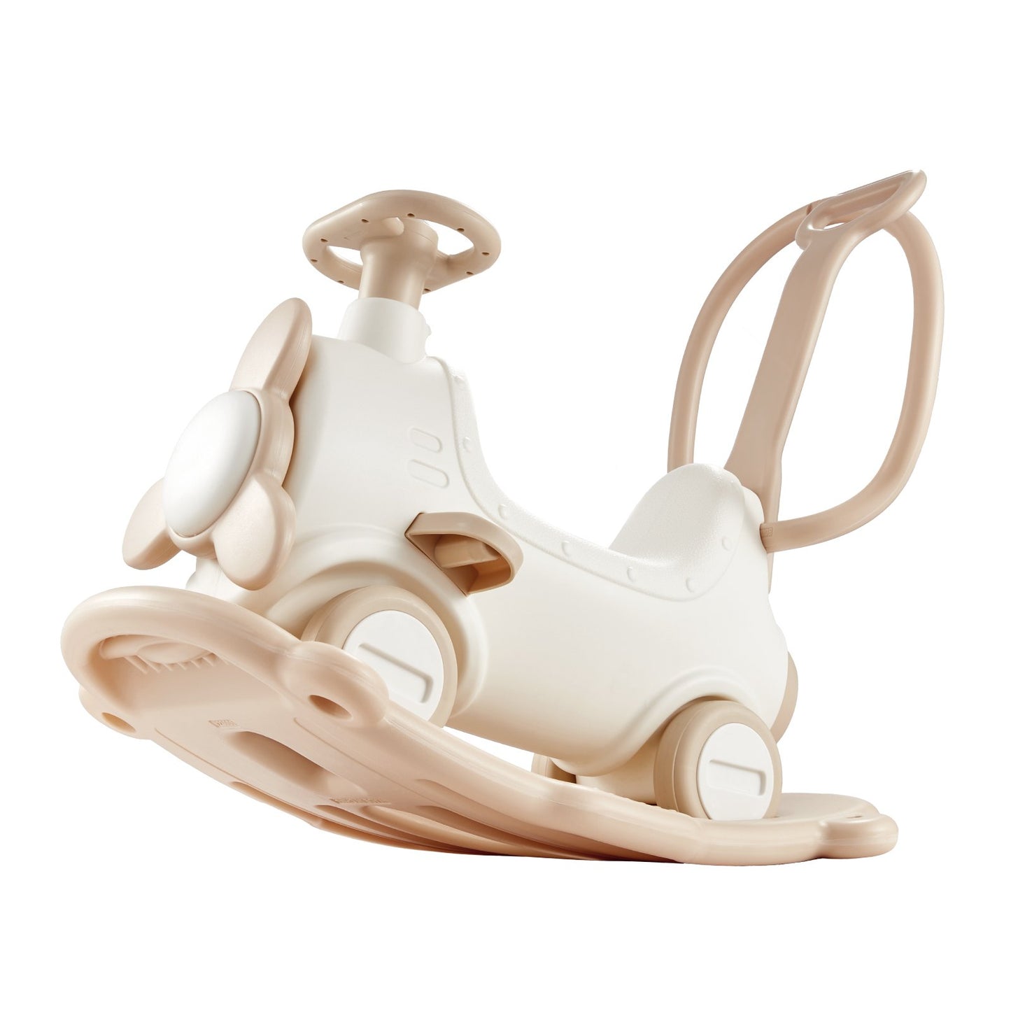 5 in 1 Schaukelpferd für Kleinkinder 1-3 Jahre, Baby-Schaukelpferd mit Trampolin, abnehmbarem Balance Board, Schiebegriff und 4 leichtgängigen Rädern, unterstützt bis zu 80 kg Kinder-Reitspielzeug, weiß