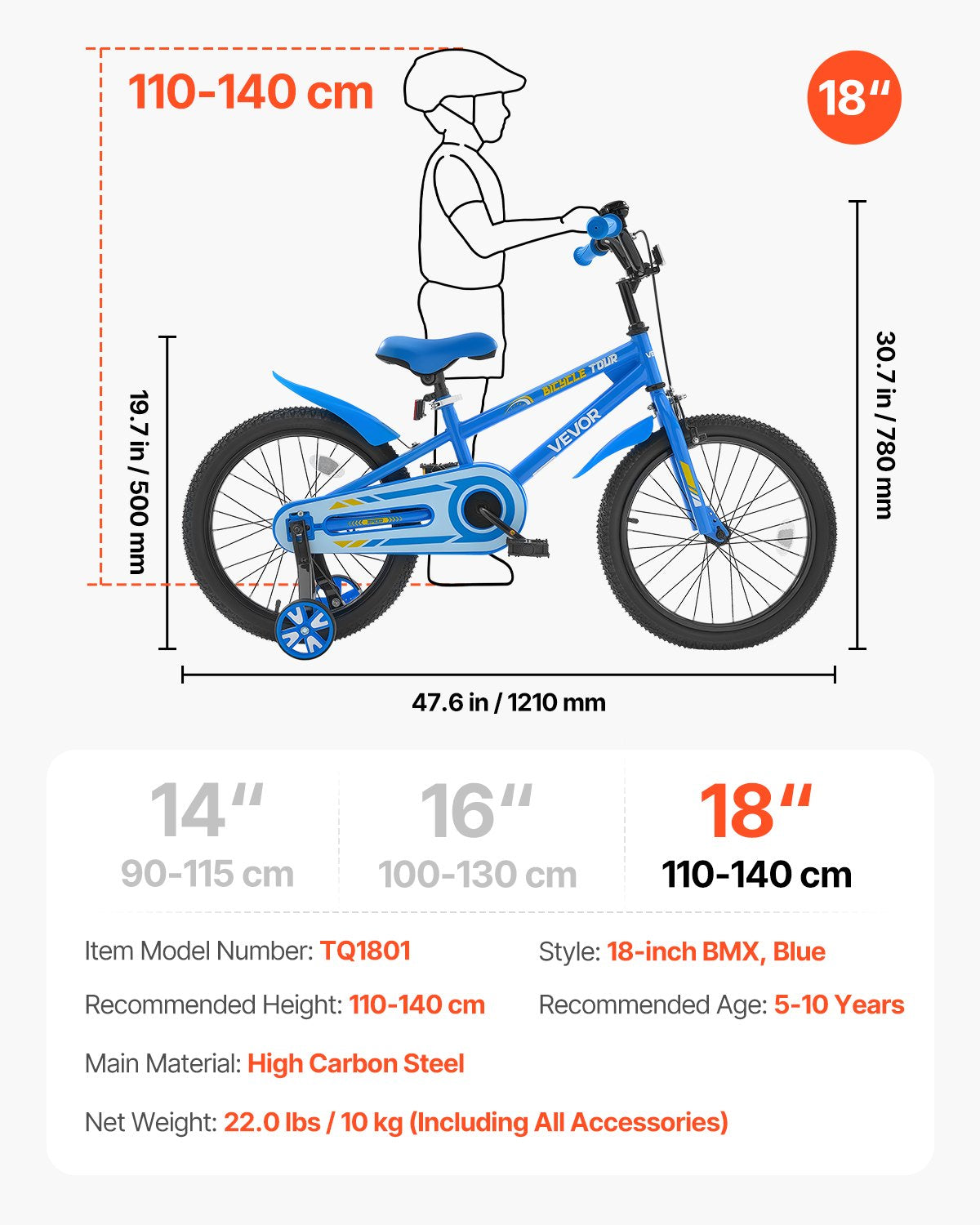 Kids Bike, 18 Inches BMX Style Children Bicycle, Rider Height 3.61 ft - 4.59 ft, Training Wheels Included, Sturdy and Easy to Assemble, Toddler Bike for Boys & Girls Learning to Ride, Blue