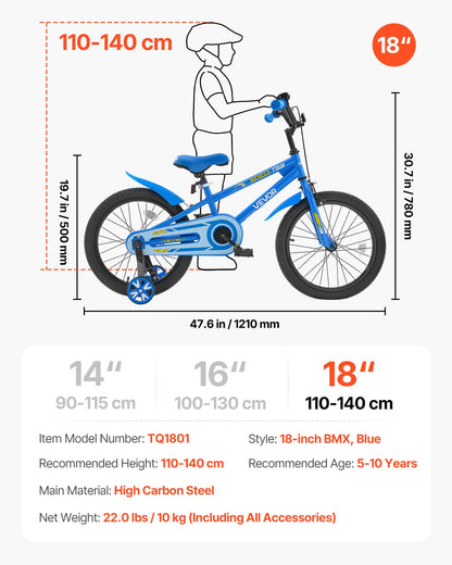 Kids Bike, 18 Inches BMX Style Children Bicycle, Rider Height 3.61 ft - 4.59 ft, Training Wheels Included, Sturdy and Easy to Assemble, Toddler Bike for Boys & Girls Learning to Ride, Blue