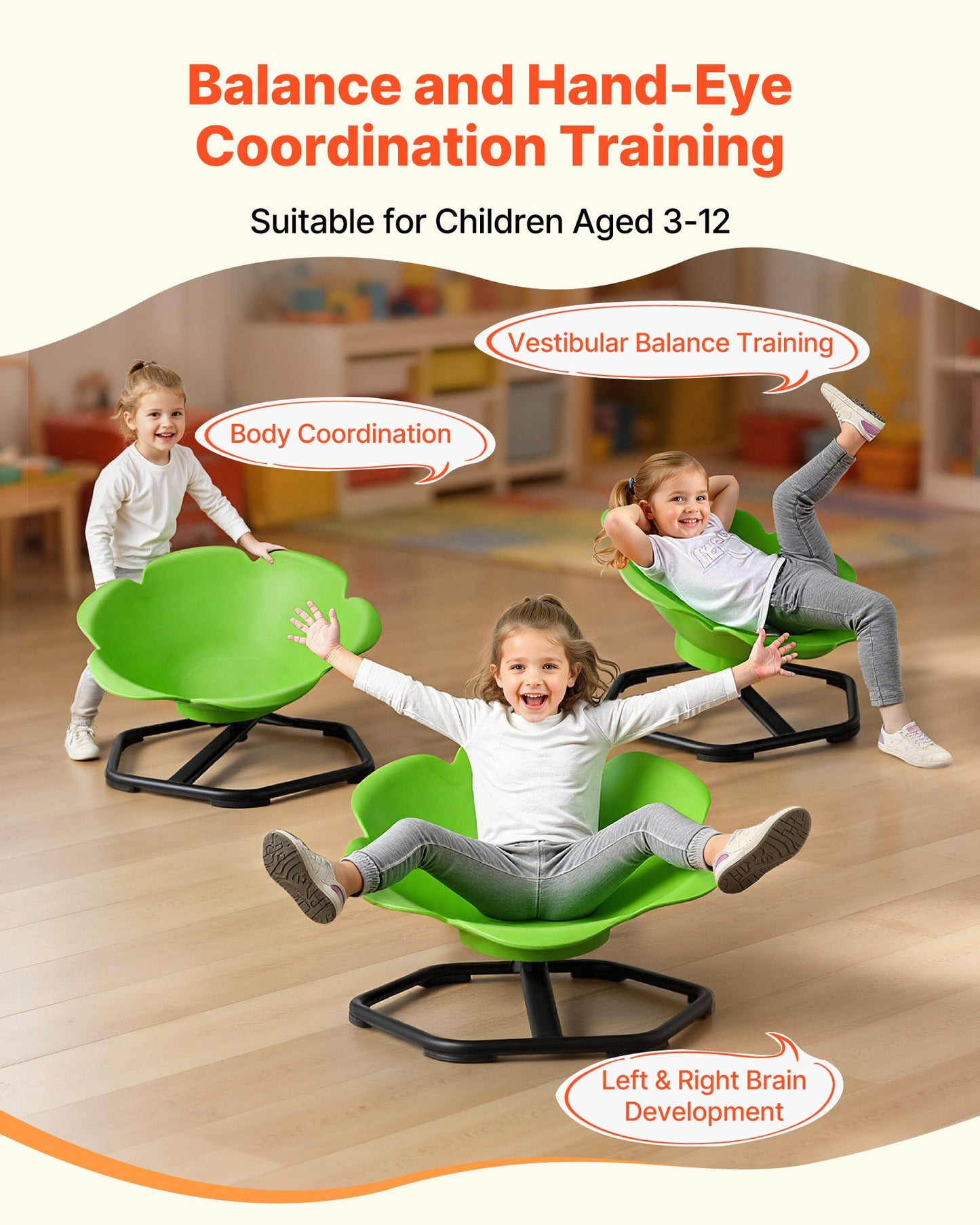 Kids Swivel Chair, 220 lbs Capacity, Cylinder Shape Sensory Spinning Chair, Autistic Kids Sensory Toy Seat with Non-Slip Metal Base, Toddler Sit & Spin Seat for Coordination Balance Focus, Green