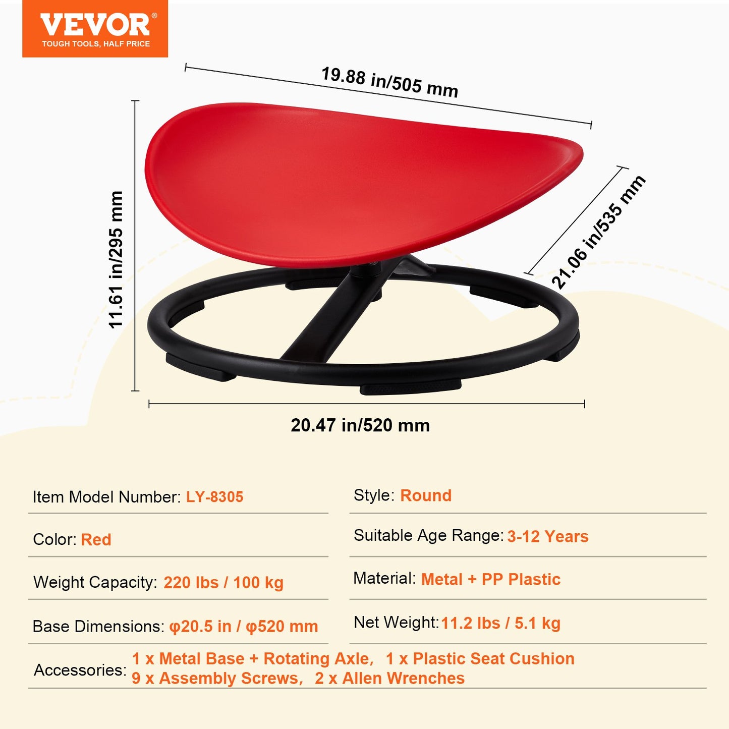 Kids Swivel Chair, 220 LBS Capacity, Sensory Spinning Chair, Autistic Kids Sensory Toy Chair with Non-Slip Metal Base, Toddler Sit and Spin Chair for Coordination Balance Focus Training Red