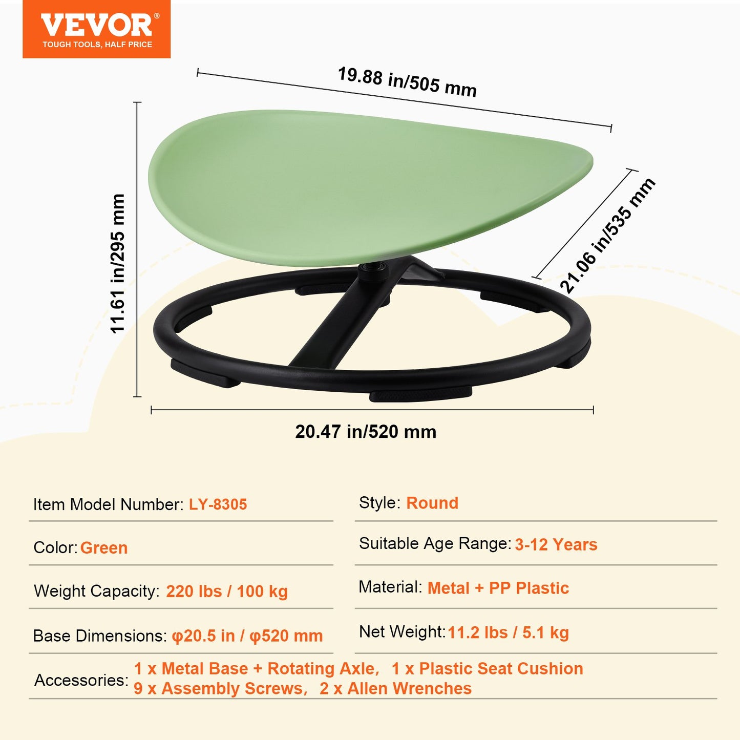 Kids Swivel Chair, 220 LBS Capacity, Sensory Spinning Chair, Autistic Kids Sensory Toy Chair with Non-Slip Metal Base, Toddler Sit and Spin Chair for Coordination Balance Focus Training Green