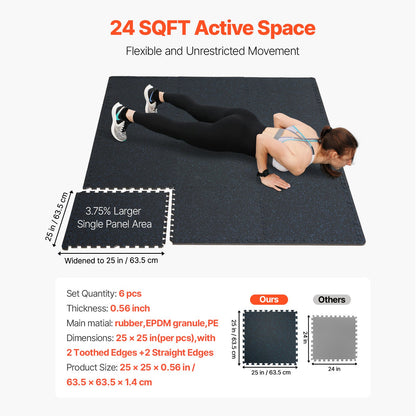 0.56 Inch Thick Gym Floor Mats, 6 Tiles Rubber Top with EVA Foam, 25" x 25" Gym Flooring Workout Mats with 25 sq.ft Coverage, Interlocking Puzzle Gym Mats for Gym, Home, Garage, Black & Blue