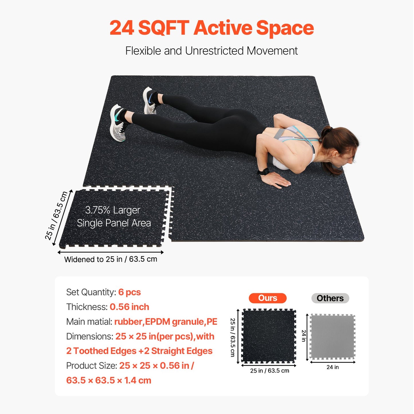 0.56 Inch Thick Gym Floor Mats, 6 Tiles Rubber Top with EVA Foam, 25" x 25" Gym Flooring Workout Mats with 25 sq.ft Coverage, Interlocking Puzzle Gym Mats for Gym, Home, Garage, Black & White