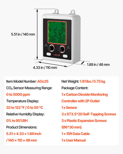 Carbon Dioxide Monitoring Controller, Dual Outlets Carbon Dioxide Controller, CO2 Meter Monitor Day and Night Detection Feature, NDIR CO2 Sensor for Green House, Laboratories, Classrooms, Home