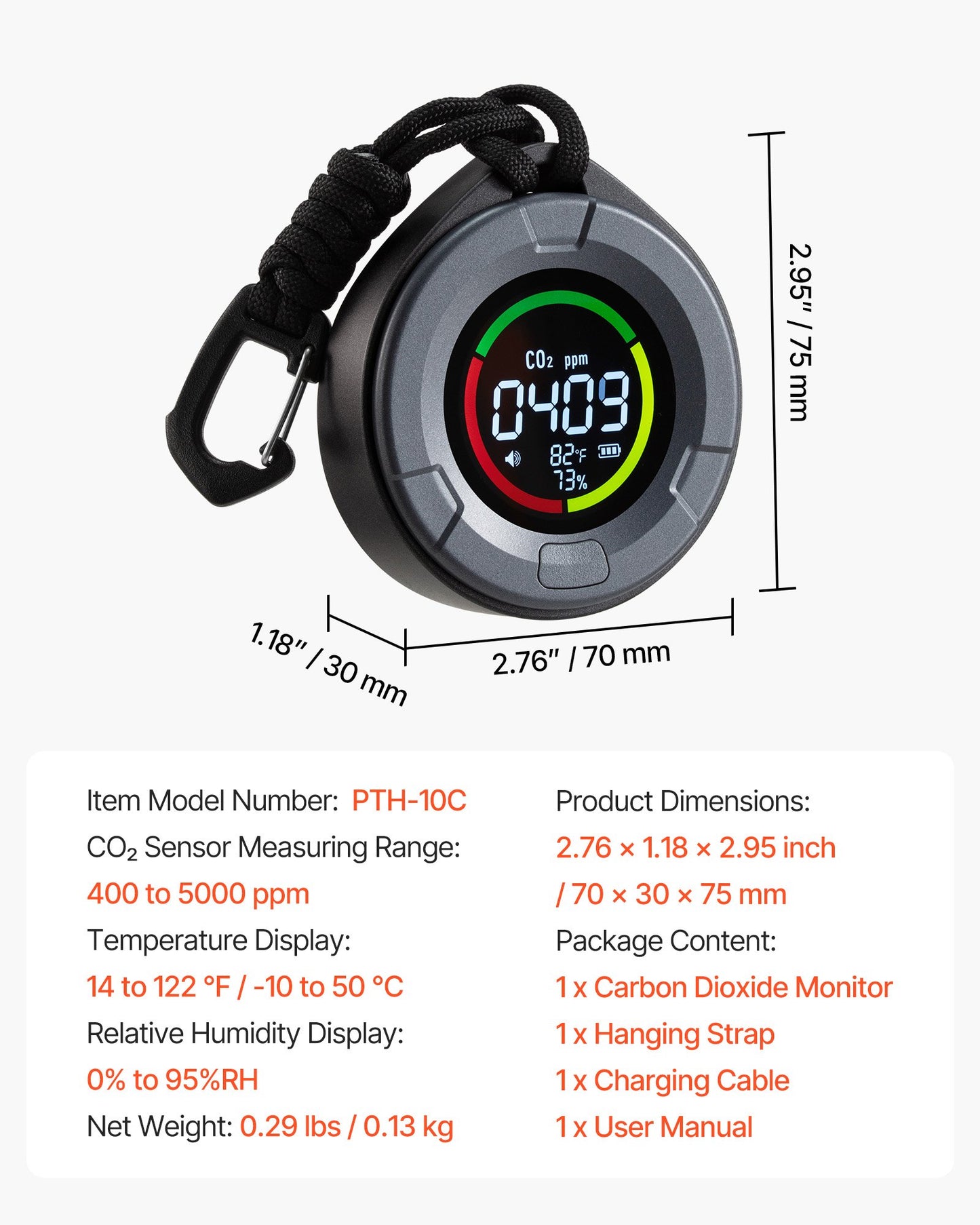 Carbon Dioxide Monitor, CO2 Controller with Temperature and Humidity Display, 15ft NDIR Sensor Cable Carbon Dioxide Detector, CO2 Sensor for Outdoors, Home, Office, Car, Lightweight & Portable