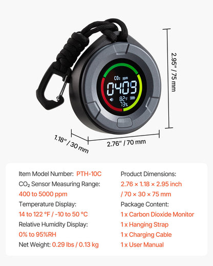 Carbon Dioxide Monitor, CO2 Controller with Temperature and Humidity Display, 15ft NDIR Sensor Cable Carbon Dioxide Detector, CO2 Sensor for Outdoors, Home, Office, Car, Lightweight & Portable