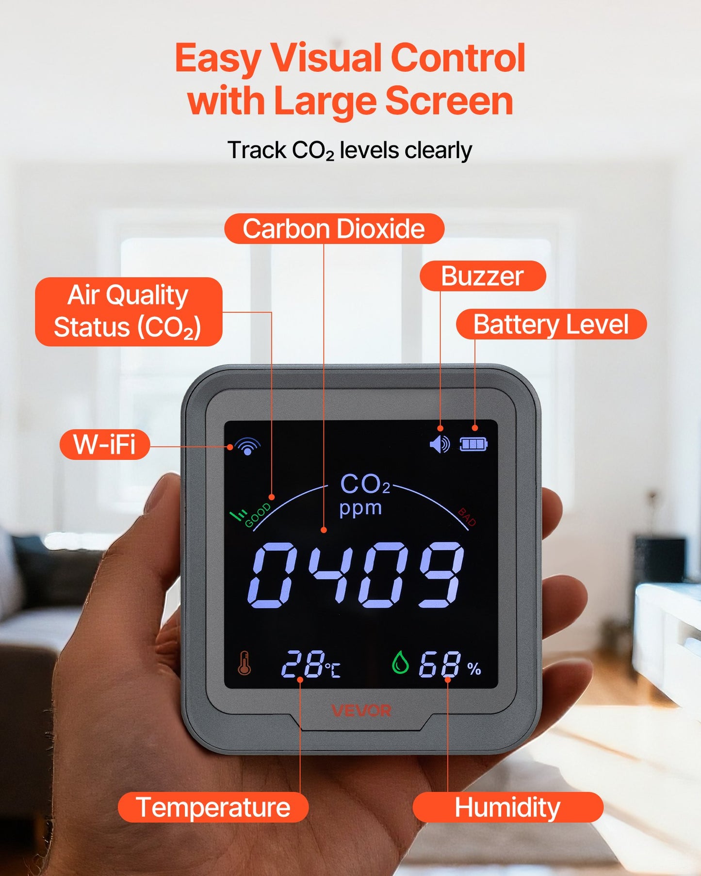 Carbon Dioxide Monitor, CO2 Controller with Temperature and Humidity Display, 15ft NDIR Sensor Cable Carbon Dioxide Detector, CO2 Sensor for Outdoors, Home, Office, Car, Wall-Mounted Use